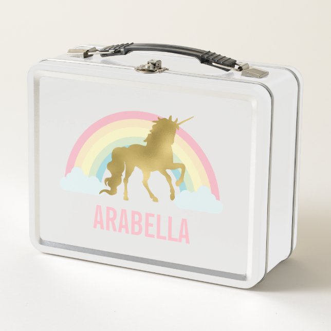 Whimsical Gold Unicorn Girl's Metal Lunch Box (Front)