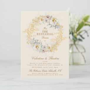 whimsical golden botanical wreath rehearsal dinner invitation