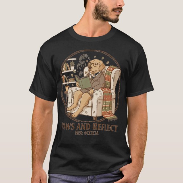 Whimsical Golden Retriever Reading Book Design T-Shirt (Front)