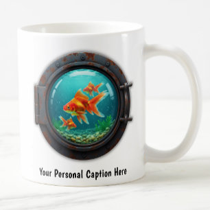 Whimsical Goldfish Inside a Porthole Coffee Mug