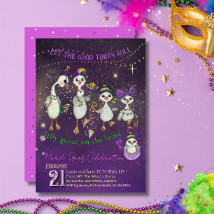 Whimsical Goose Family Mardi Gras Purple Pink Invitation