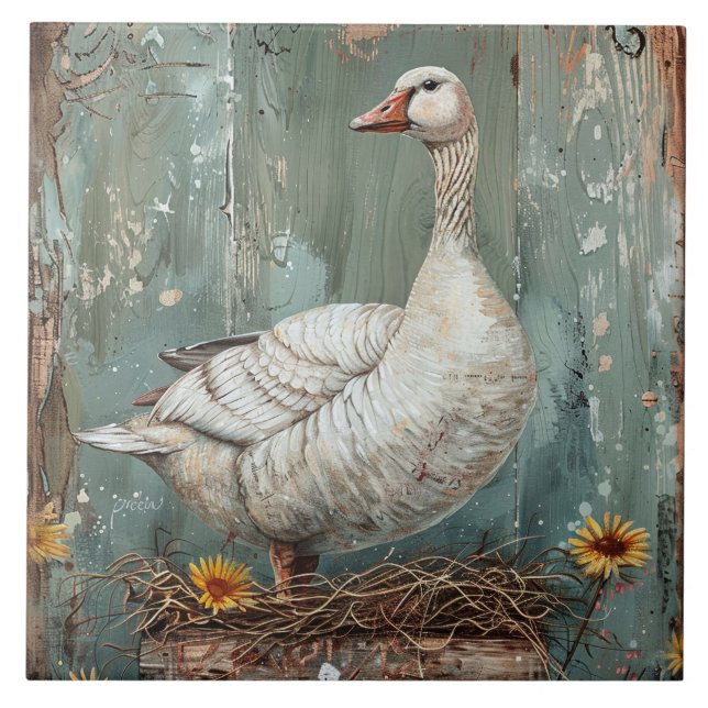 Whimsical Goose on a Nest Tile (Front)