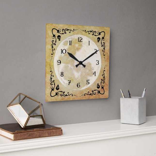 Whimsical Goth Full Moon Halloween Square Wall Clock (Office)