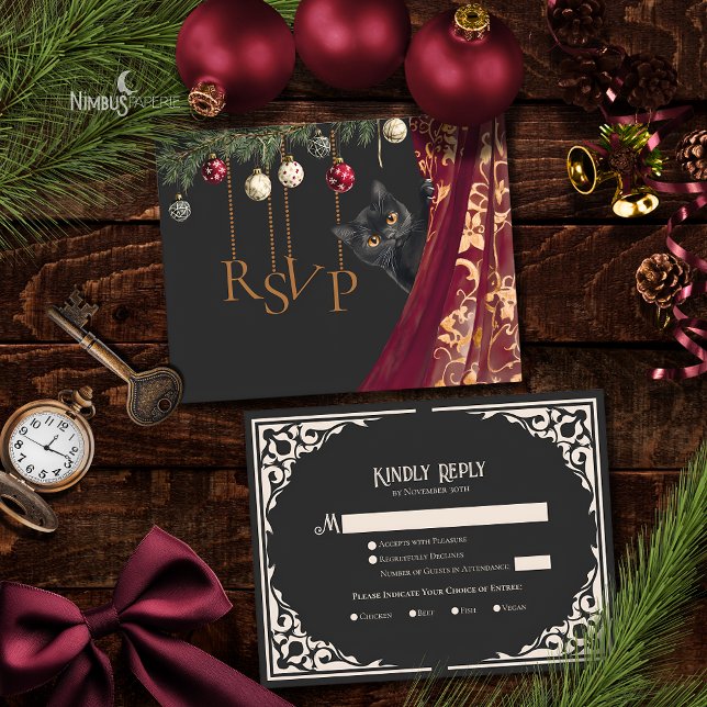 Whimsical Gothic Black Cat Holiday Party RSVP Card (Creator Uploaded)