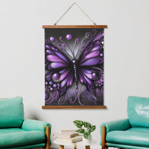 Whimsical Gothic Butterfly Purple Black Colourful Hanging Tapestry