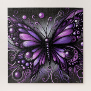 Whimsical Gothic Butterfly Purple Black Colourful Jigsaw Puzzle