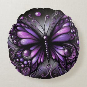 Whimsical Gothic Butterfly Purple Black Colourful Round Cushion