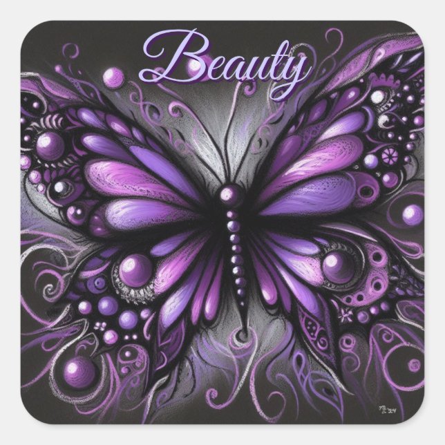 Whimsical Gothic Butterfly Purple Black Colourful Square Sticker (Front)