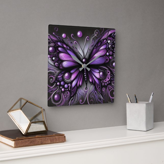 Whimsical Gothic Butterfly Purple Black Colourful Square Wall Clock (Office)