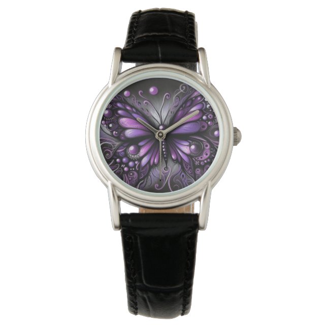 Whimsical Gothic Butterfly Purple Black Colourful Watch (Front)