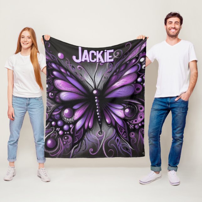 Whimsical Gothic Butterfly Purple Personalised Fleece Blanket (In Situ)