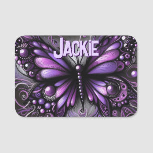 Whimsical Gothic Butterfly Purple Personalised Name Tag