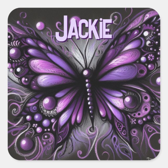 Whimsical Gothic Butterfly Purple Personalised Square Sticker (Front)