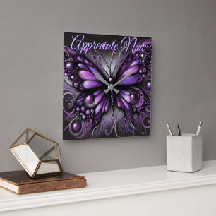Whimsical Gothic Butterfly Purple Personalised Square Wall Clock