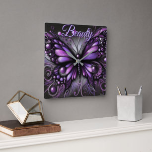 Whimsical Gothic Butterfly Purple Personalised Square Wall Clock