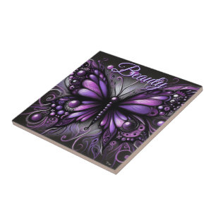 Whimsical Gothic Butterfly Purple Personalised Tile