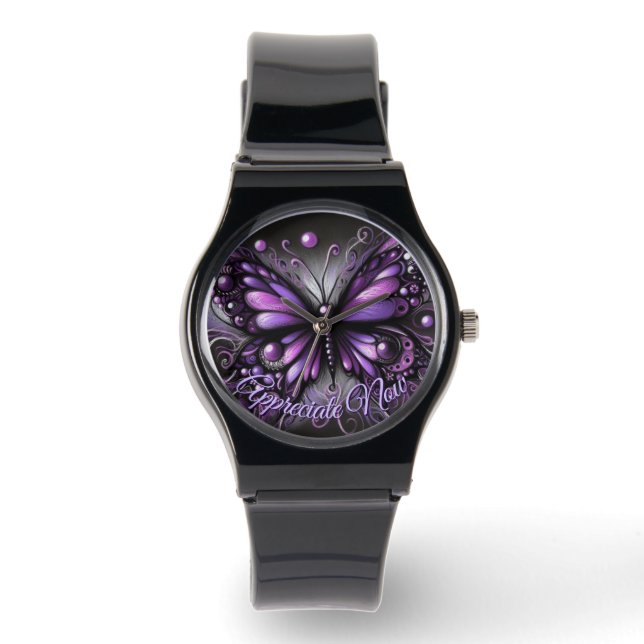 Whimsical Gothic Butterfly Purple Personalised Watch (Front)