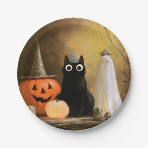 Whimsical Gothic Halloween Cat Ghost Pumpkin Paper Plate