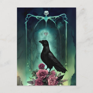 Whimsical Gothic Raven Illustration Postcard