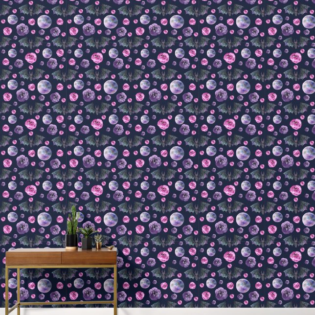 Whimsical Gothic Roses, Moon & Bat Halloween Wallpaper (Hallway)