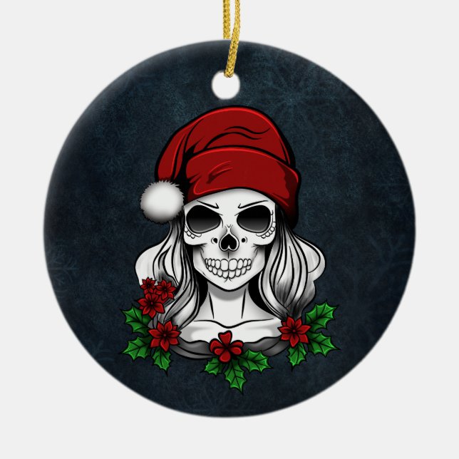 Whimsical Gothic Santa Skull Christmas Ceramic Tree Decoration (Front)