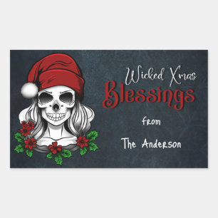 Whimsical Gothic Santa Skull Christmas Rectangular Sticker