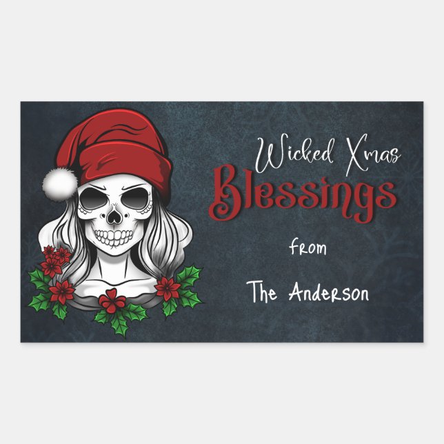 Whimsical Gothic Santa Skull Christmas Rectangular Sticker (Front)
