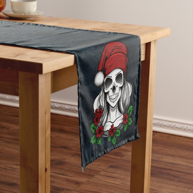 Whimsical Gothic Santa Skull Christmas Short Table Runner (In Situ)