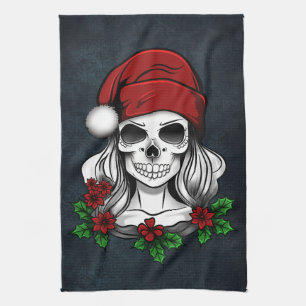 Whimsical Gothic Santa Skull Christmas Tea Towel