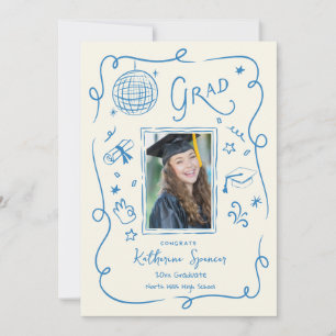 Whimsical Grad Party Photo Doodle Invitation Blue