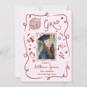 Whimsical Grad Party Photo Doodle Invitation Red