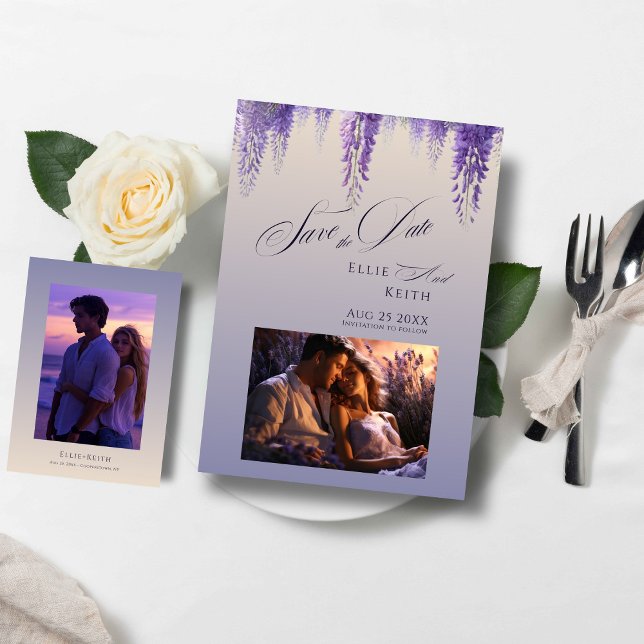 Whimsical Gradient Purple Floral 2 Photo Wedding Save The Date (Creator Uploaded)