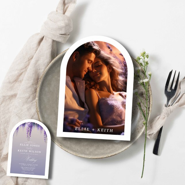 Whimsical Gradient Purple Floral Photo Arch Weddin Invitation (Creator Uploaded)