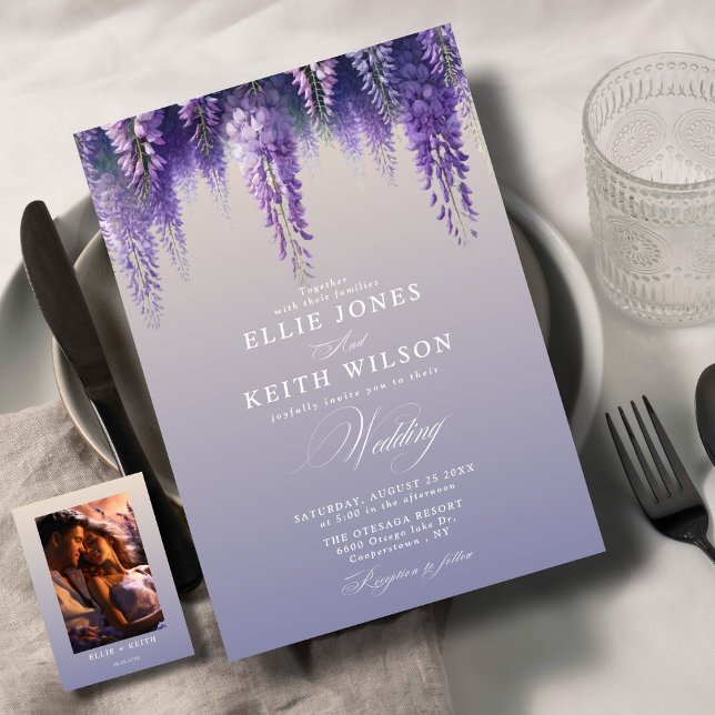 Whimsical Gradient Purple Floral Photo Wedding Invitation (Creator Uploaded)