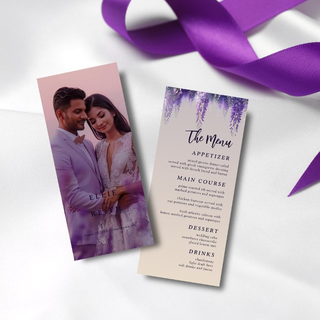 Whimsical Gradient Purple Floral Photo Wedding Menu (Creator Uploaded)