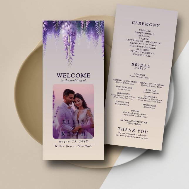 Whimsical Gradient Purple Floral Photo Wedding Programme (Creator Uploaded)