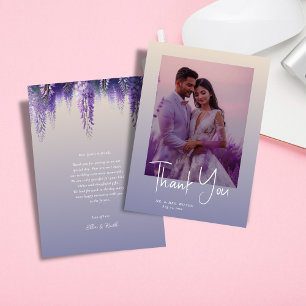 Whimsical Gradient Purple Floral Photo Wedding Thank You Card