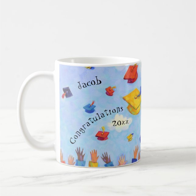 Whimsical Graduation Cap Toss Personalized Coffee Mug (Left)