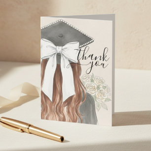 Whimsical Graduation Cap with Bow & Pearls Script Thank You Card
