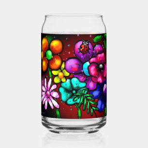 Whimsical Graffiti-Style Floral Flowers Ladybug Can Glass