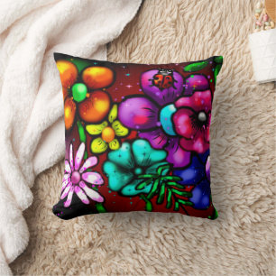Whimsical Graffiti-Style Floral Flowers Ladybug Cushion