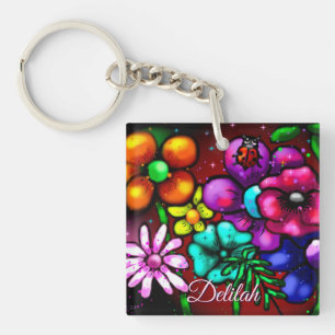Whimsical Graffiti-Style Floral Flowers Ladybug Key Ring