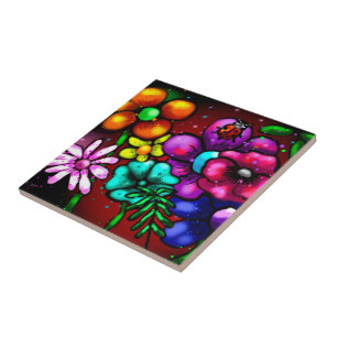 Whimsical Graffiti-Style Floral Flowers Ladybug Tile