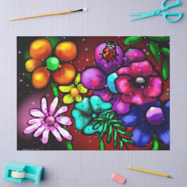 Whimsical Graffiti-Style Floral Ladybug Decoupage Tissue Paper (Craft)