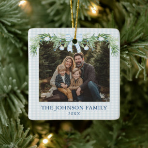 Whimsical Grandmillenial Blue Bow Family Photo Ceramic Ornament