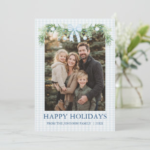 Whimsical Grandmillenial Blue Bow Family Photo Holiday Card