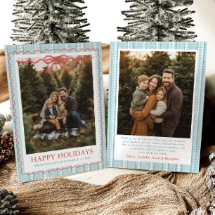 Whimsical Grandmillenial Blue Bow Family Photo Holiday Card