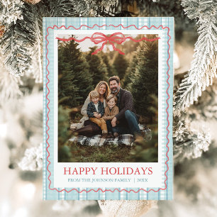 Whimsical Grandmillenial Blue Bow Family Photo Holiday Card