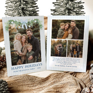Whimsical Grandmillenial Blue Bow Family Photo Holiday Card
