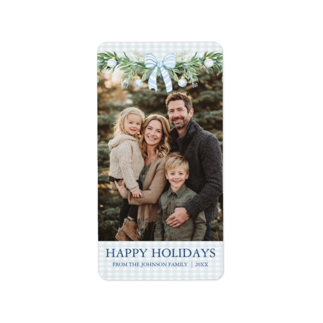Whimsical Grandmillenial Blue Bow Family Photo Label (Front)